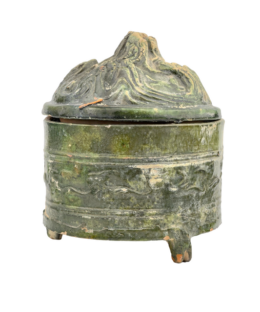 A GREEN-GLAZED POTTERY TRIPOD 'HILL' JAR, HAN DYNASTY, 206 BC - 220 AD
