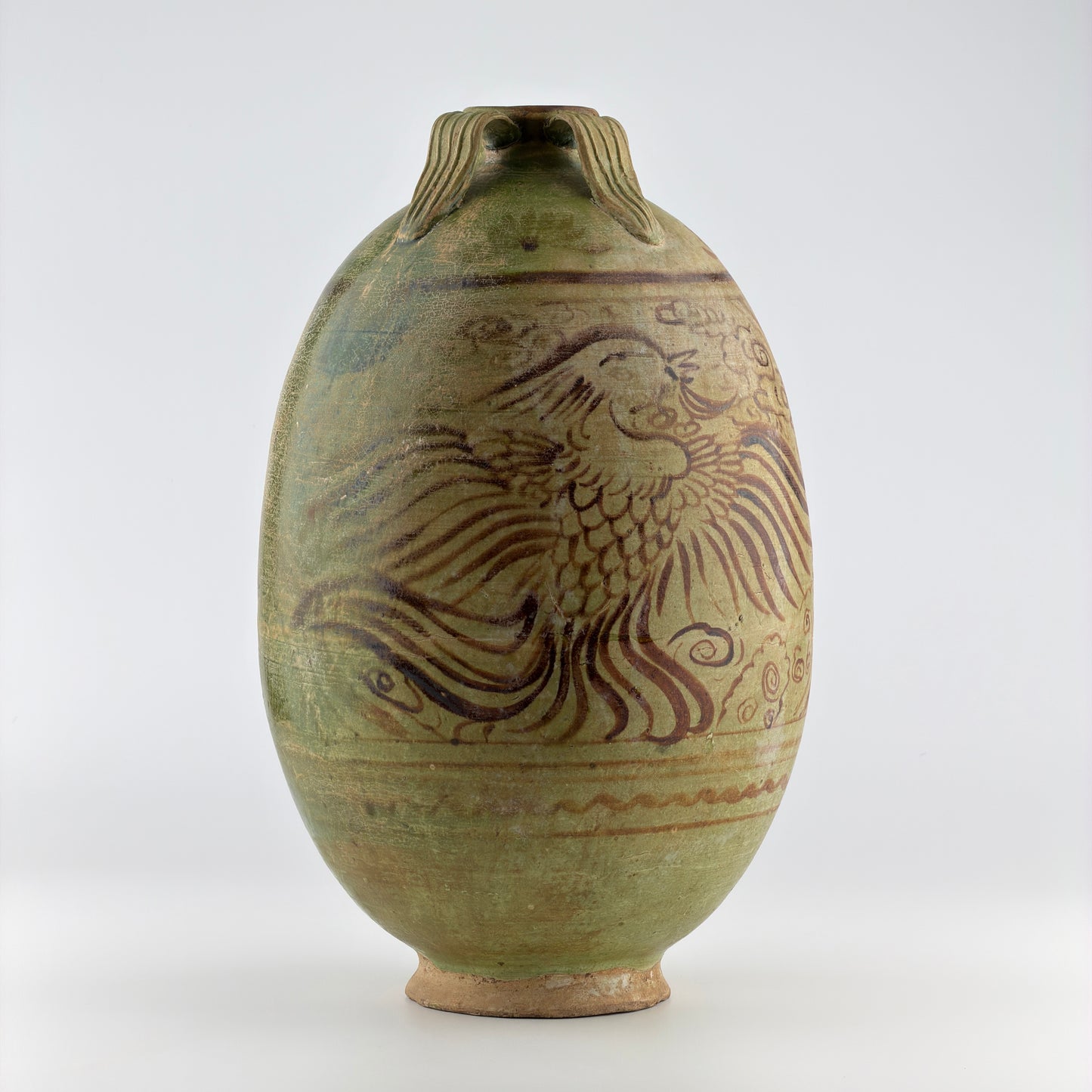 Rare Green-glazed Pottery Amphora with Brown glazed Phoenix, Liao Dynasty