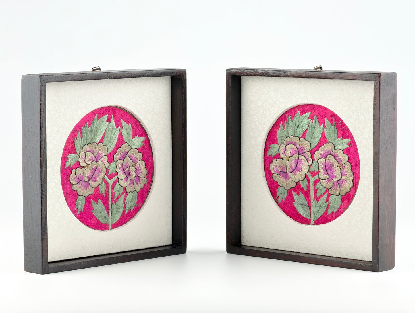 Korean Folk Embroidery (Jasu) Peony Roundels, Framed Pair