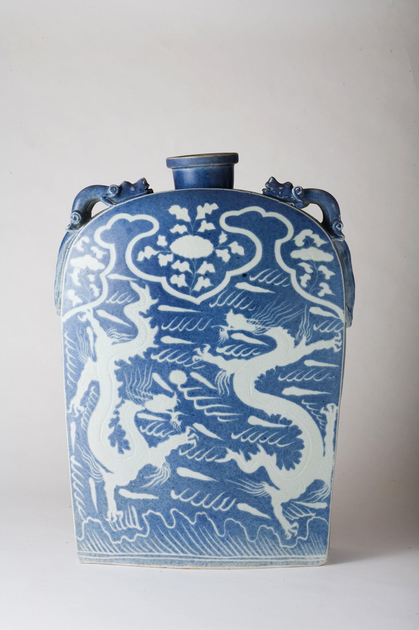 Rare Large Yuan-Style Blue and White Flask With Two Dragons and Special Reign Marks, Qing Dynasty