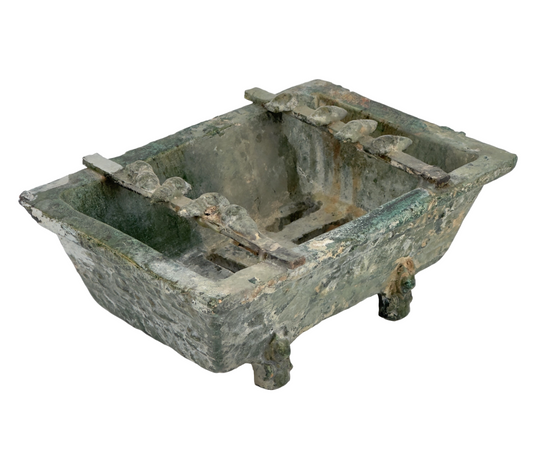 Rare Pottery Rectangular Brazier with cicadas in Green Glaze, Han Dynasty