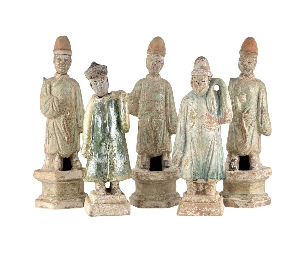 Five Green Glazed Pottery Attendant Figures, Ming Period