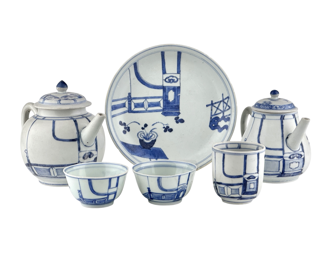 Imari Pavilion Pattern Blue And White Tea Set C 1725, Qing Dynasty, Yongzheng Reign