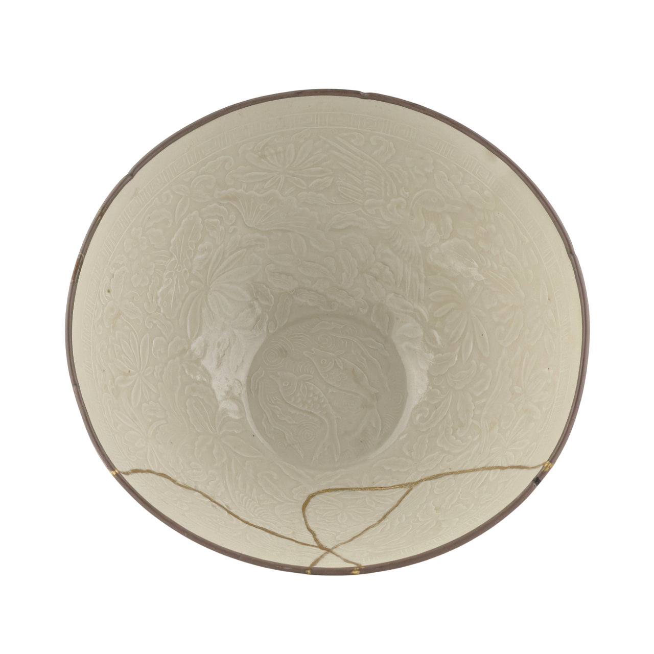 RARE MOULDED DINGYAO 'CRANES AND FISHES' BOWL, SONG DYNASTY