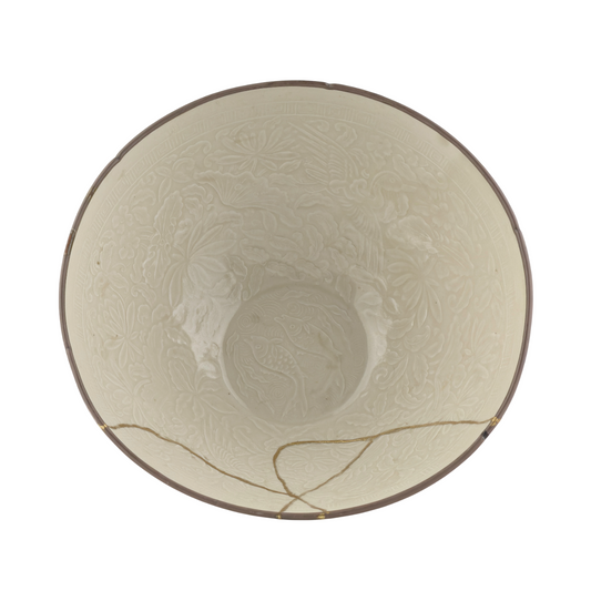 RARE MOULDED DINGYAO 'CRANES AND FISHES' BOWL, SONG DYNASTY