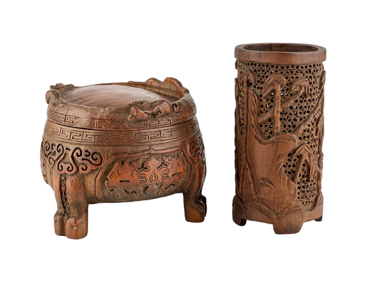 Carved Bamboo Wooden Censer and Brush Holder, Republic Period