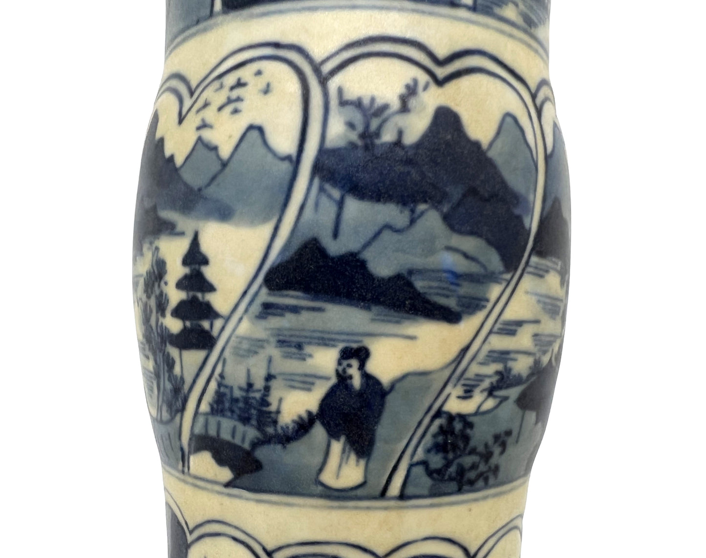 ANCIENT GU SHAPE BLUE AND WHITE 'RIVERSCAPES' VASE, QING DYNASTY, KANGXI ERA, CIRCA 1690