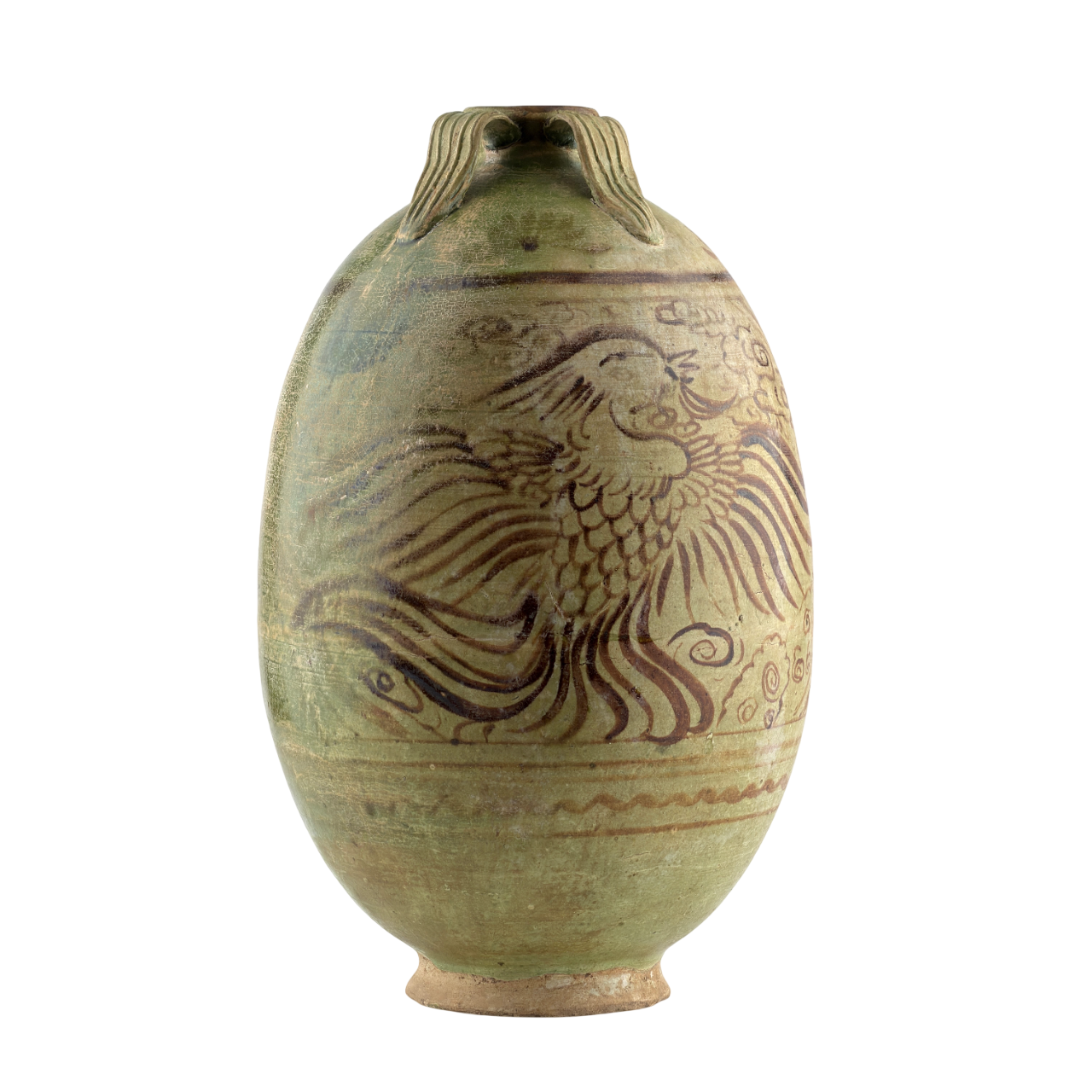 Rare Green-glazed Pottery Amphora with Brown glazed Phoenix, Liao Dynasty