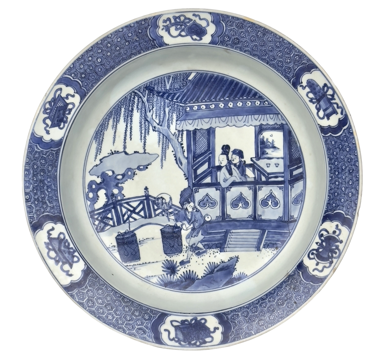 Rare Dish with Three Figures on a Terrace, C 1725, Qing Dynasty, Yongzheng Era