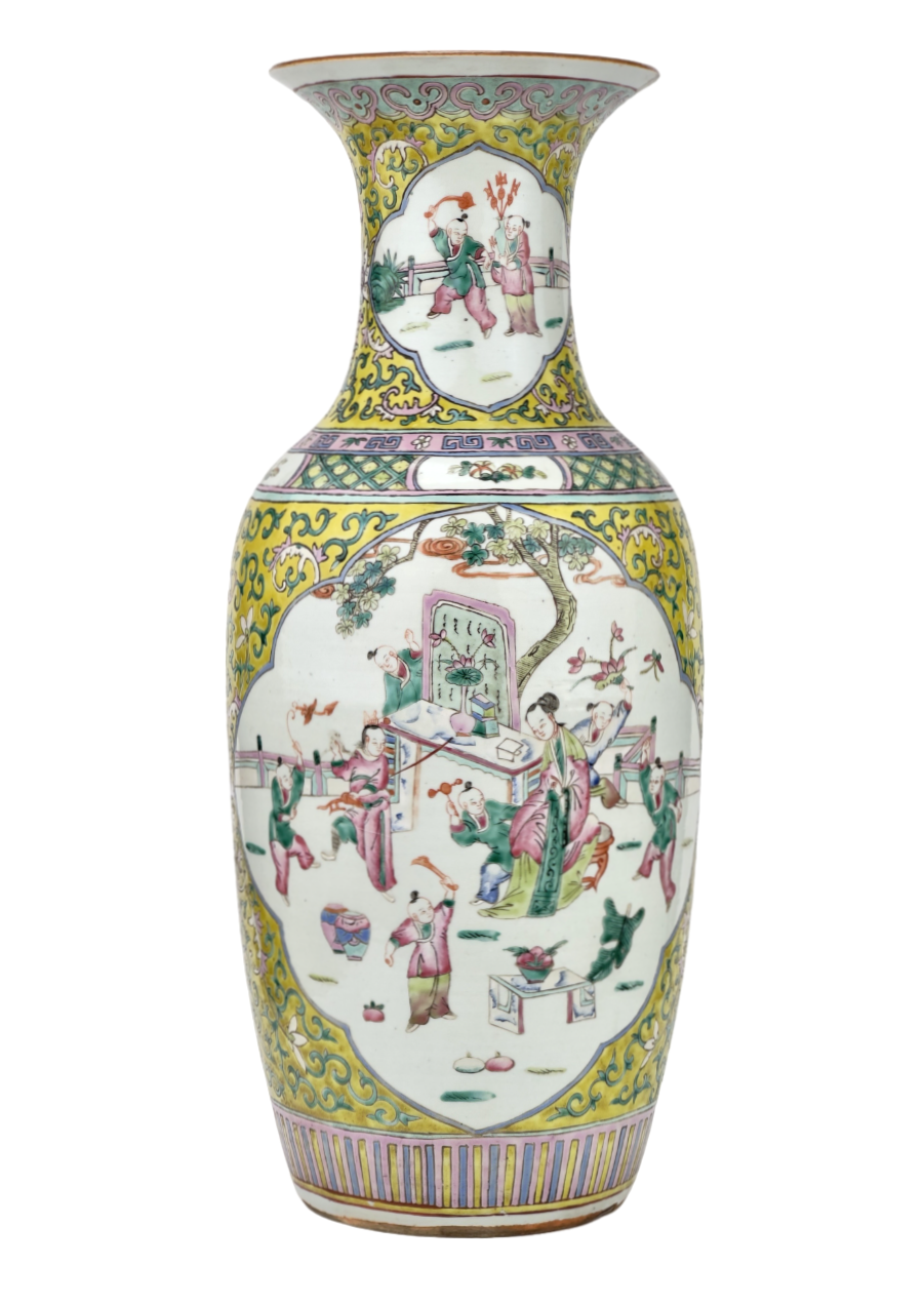 Large yellow ground famille rose vase, Late Qing Period.