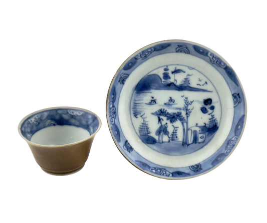 Passing Boats And Figure, Blue And White Teabowl And Saucer Set Circa 1725, Qing Dynasty, Yongzheng Era