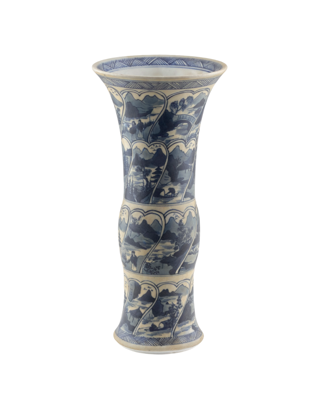 ANCIENT GU SHAPE BLUE AND WHITE 'RIVERSCAPES' VASE, QING DYNASTY, KANGXI ERA, CIRCA 1690