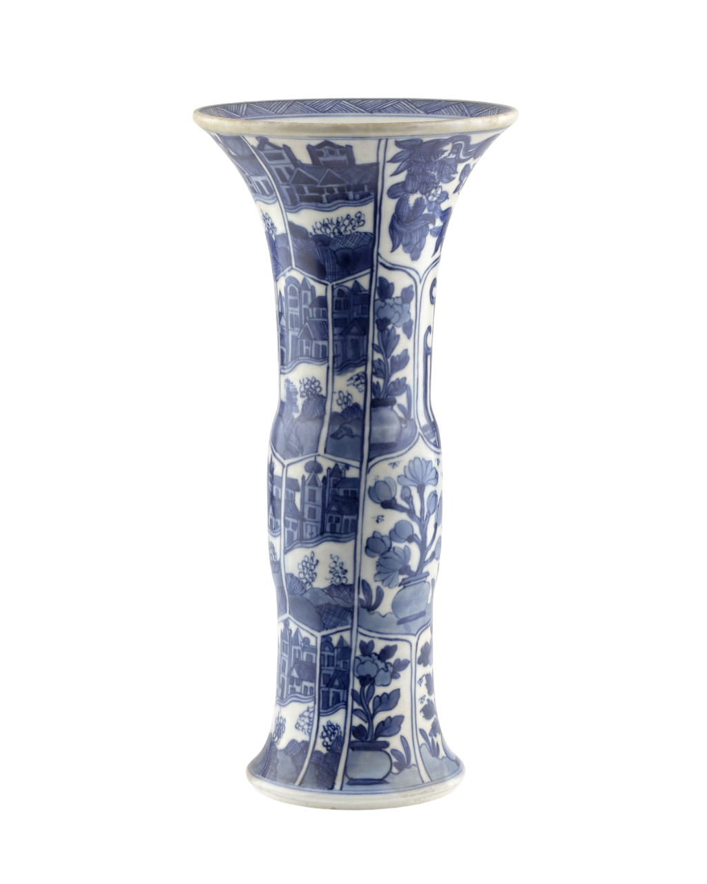 BLUE AND WHITE ANCIENT GU SHAPE 'CANAL HOUSES' VASE, QING DYNASTY, KANGXI ERA, CIRCA 1690
