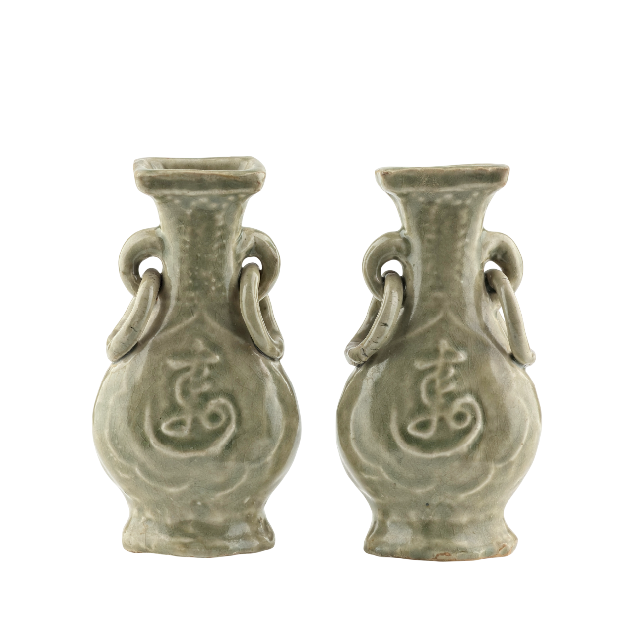 TWO MOLDED LONGQUAN CELADON 'FU SHOU' VASES, MING DYNASTY