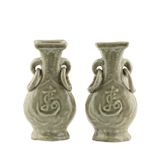 TWO MOLDED LONGQUAN CELADON 'FU SHOU' VASES, MING DYNASTY