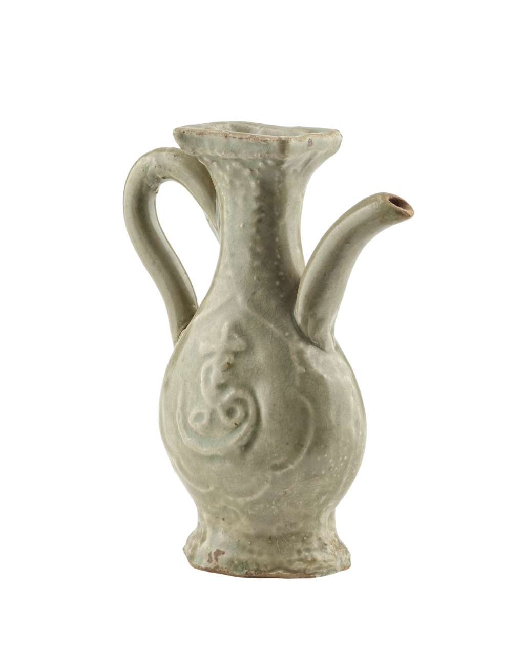 MOLDED LONGQUAN CELADON 'FU SHOU' EWER, MING DYNASTY