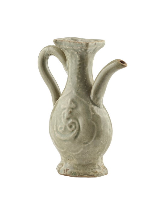 MOLDED LONGQUAN CELADON 'FU SHOU' EWER, MING DYNASTY