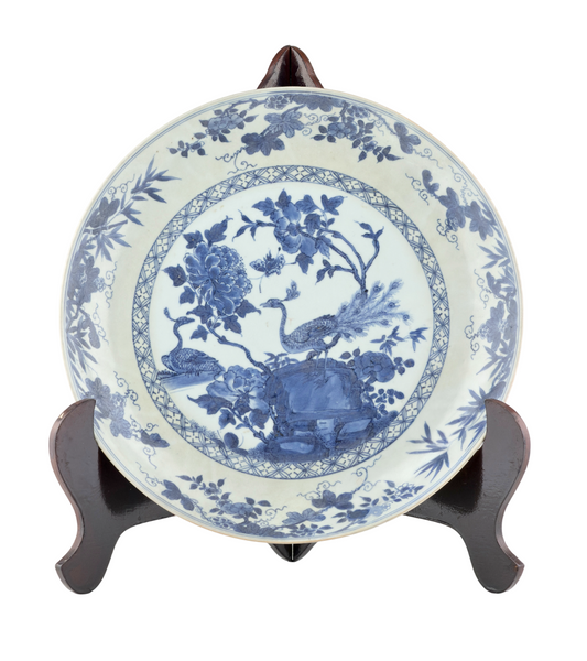 PEACOCK IN SPLENDOUR PATTERN BLUE AND WHITE DISH CIRCA 1725, QING DYNASTY, YONGZHENG