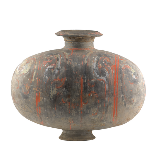 COCOON-SHAPED JAR WITH CLOUD-SCROLL DESIGN, HAN DYNASTY