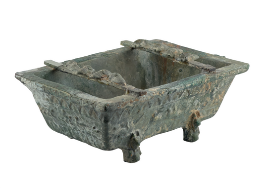 Rare Pottery Rectangular Brazier with cicadas in Green Glaze, Han Dynasty