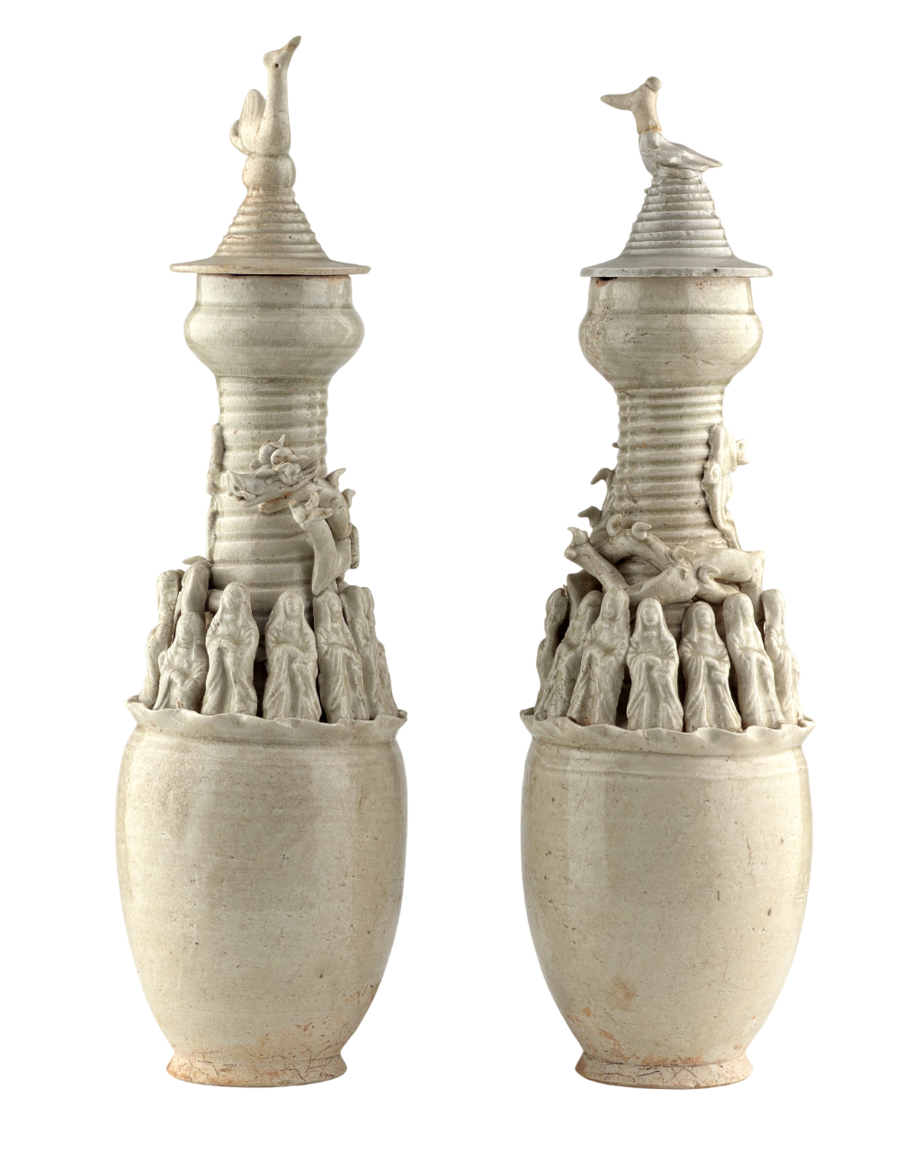 Pair of Qingbai Funerary Vases with Daoist figures, Southern Song Dynasty
