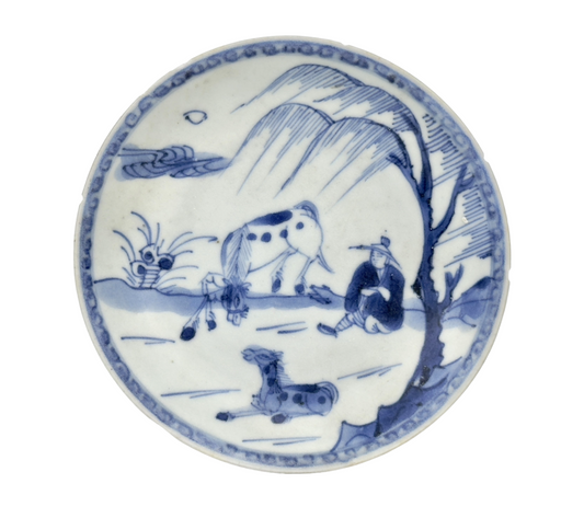 Pastoral Scene Blue And White Saucer Circa 1725, Qing Dynasty, Yongzheng Reign