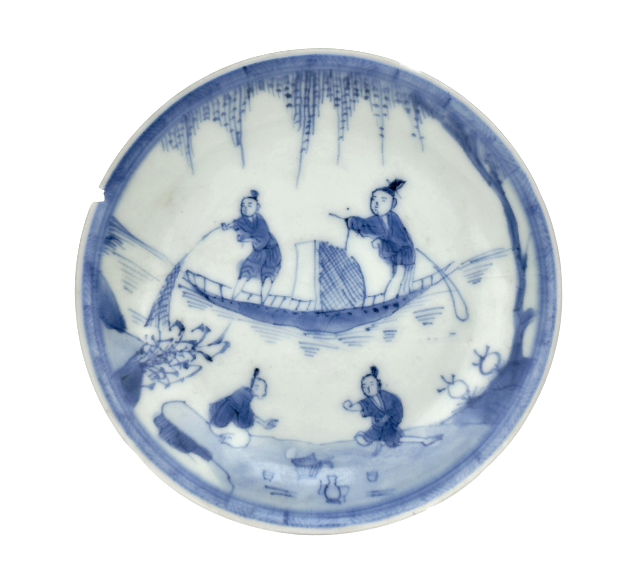 Fishing Scene Blue And White Saucer Circa 1725, Qing Dynasty, Yongzheng Reign