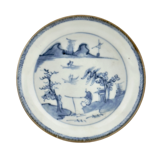 PASSING BOAT AND FIGURE PATTERN BLUE AND WHITE SAUCER, CIRCA 1725, QING DYNASTY, YONGZHENG ERA