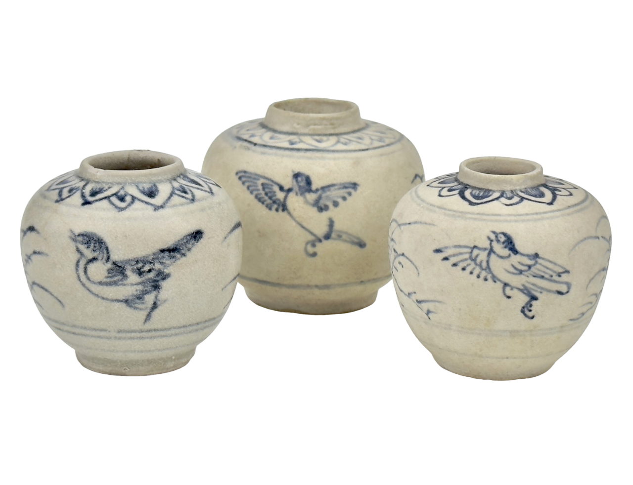 Three Annamese Small Jars with bird design, 15th century, Le Dynasty