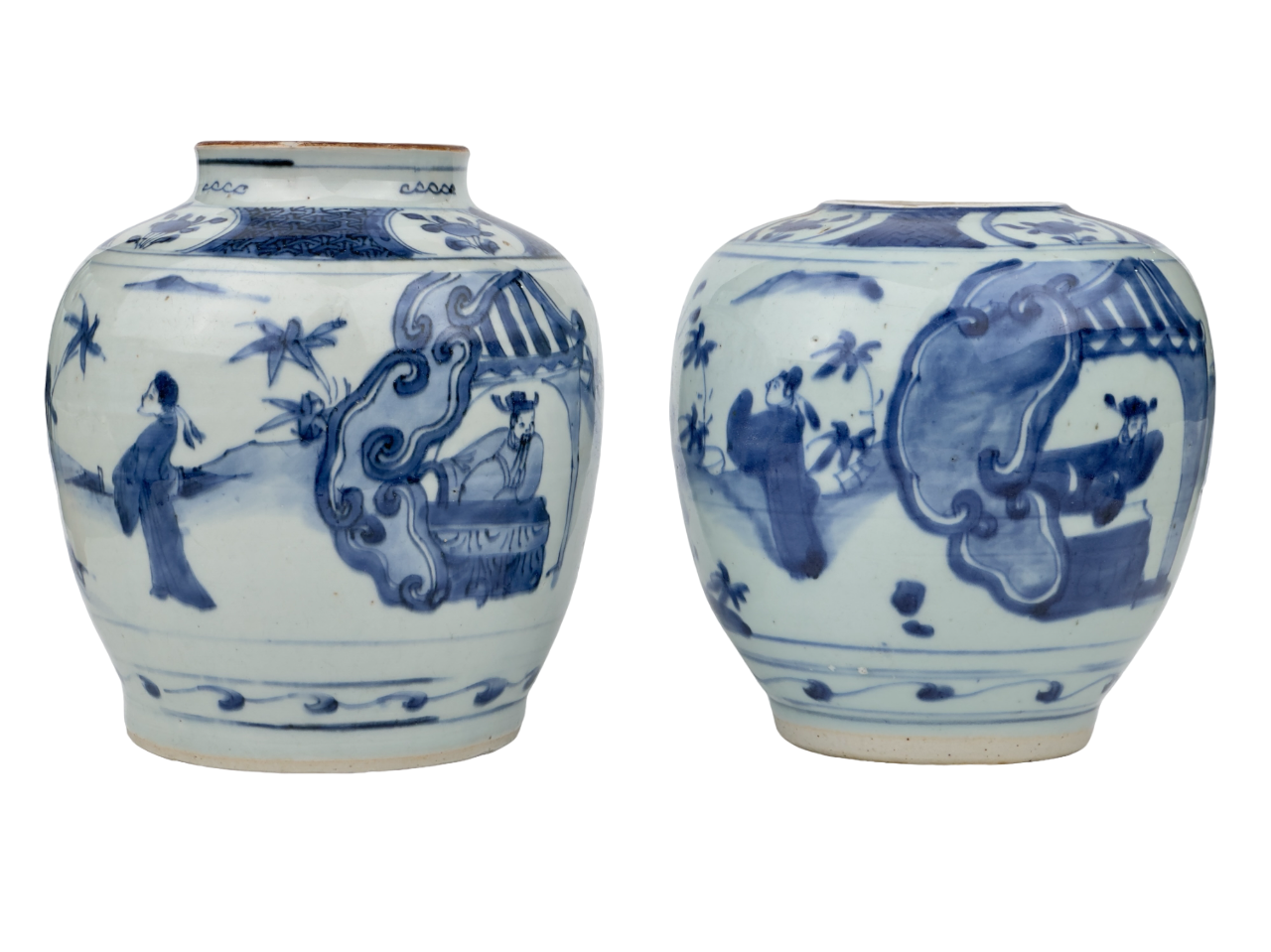 Two Chinese blue and white jars, painted with eight figures in a garden, marked on the bottom with a sitting rabbit(blue hare), Transitional period(Late Ming dynasty)