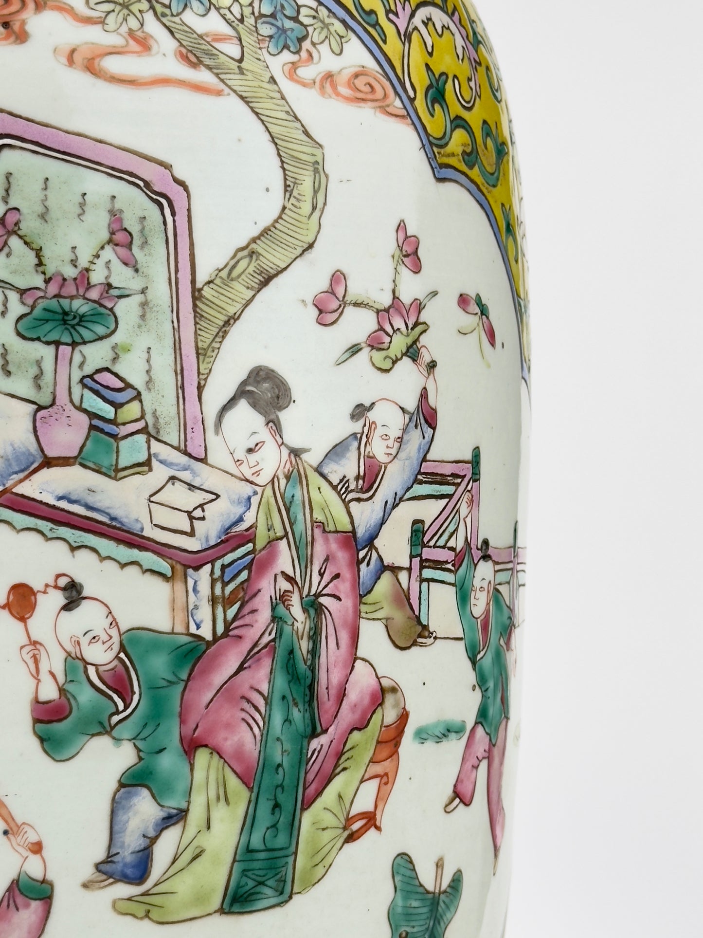 Large yellow ground famille rose vase, Late Qing Period.