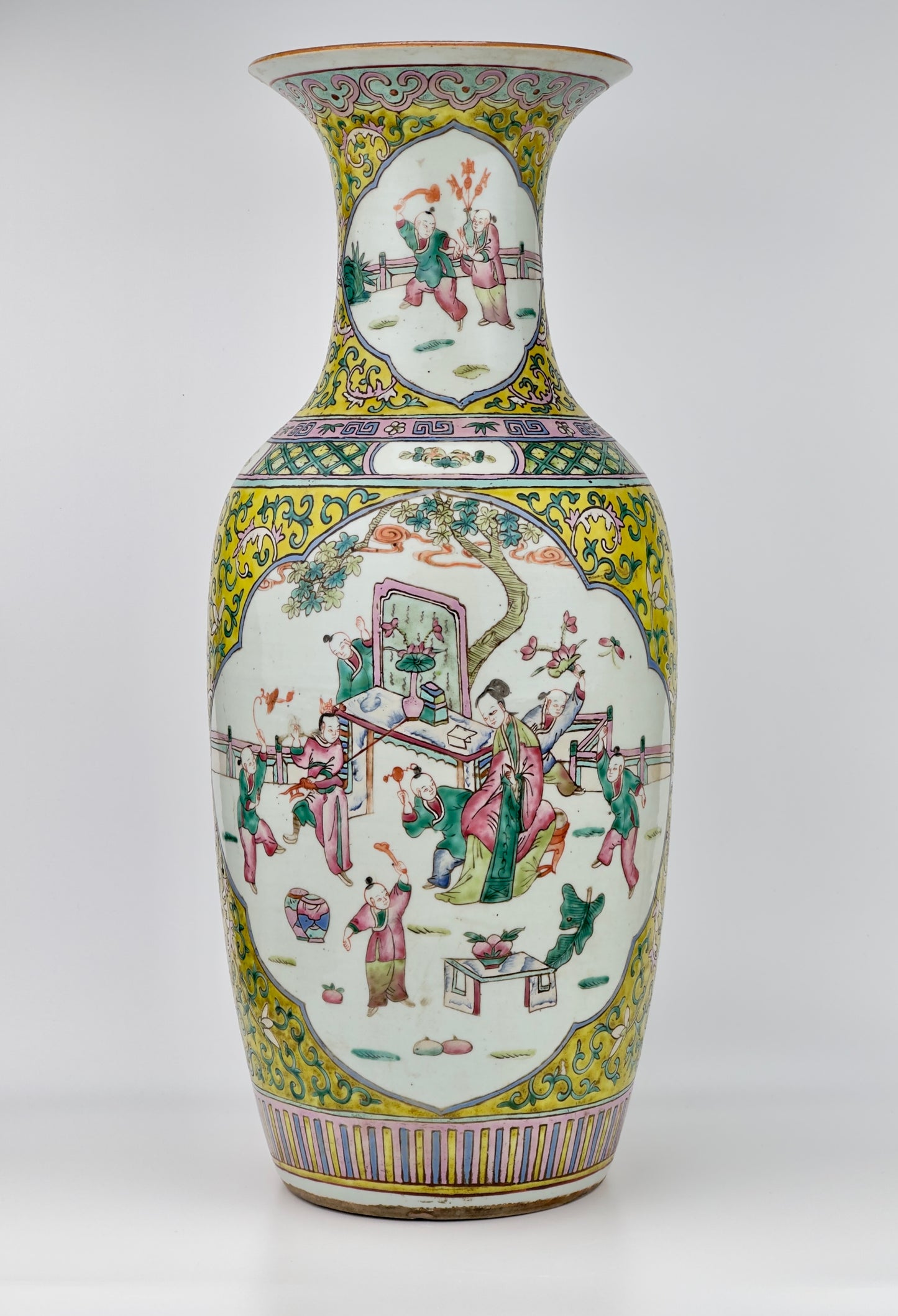 Large yellow ground famille rose vase, Late Qing Period.