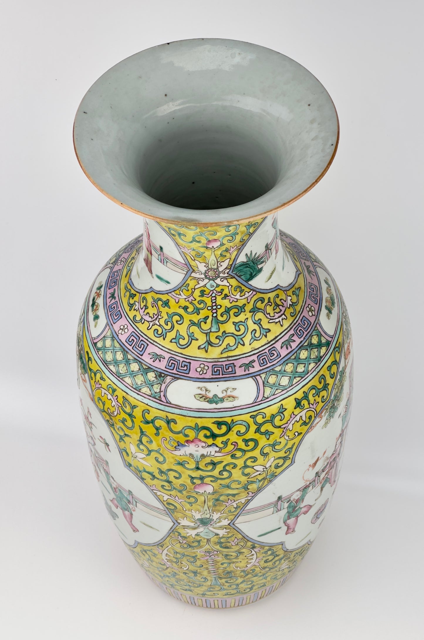 Large yellow ground famille rose vase, Late Qing Period.