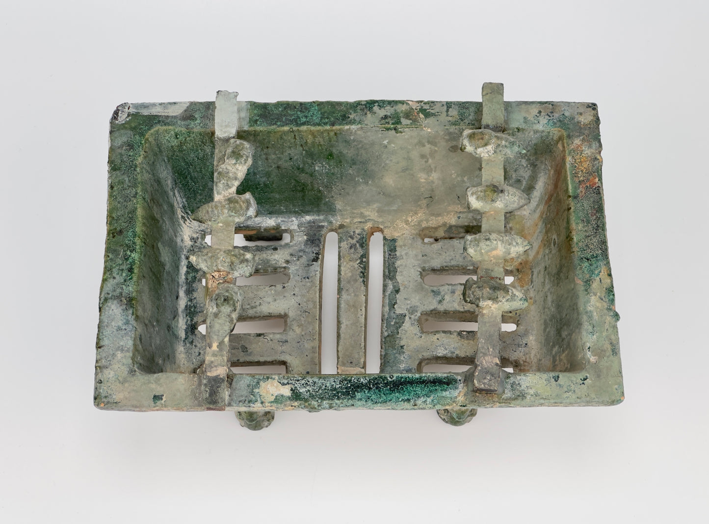 Rare Pottery Rectangular Brazier with cicadas in Green Glaze, Han Dynasty