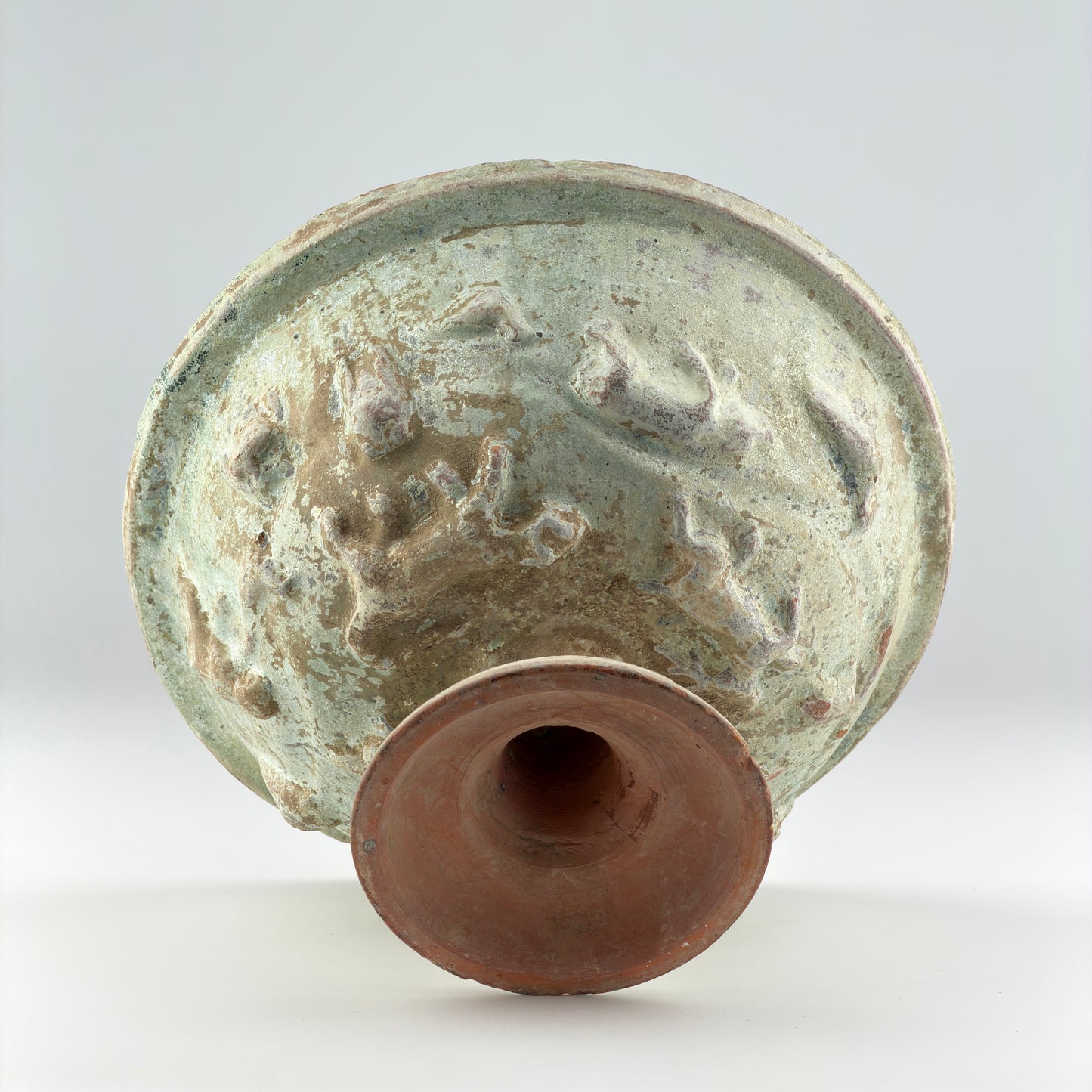 Green-Glazed Pottery High-Footed Bowl with Animal Reliefs, Han Dynasty