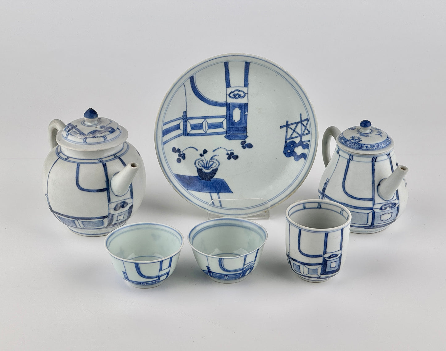 Imari Pavilion Pattern Blue And White Tea Set C 1725, Qing Dynasty, Yongzheng Reign