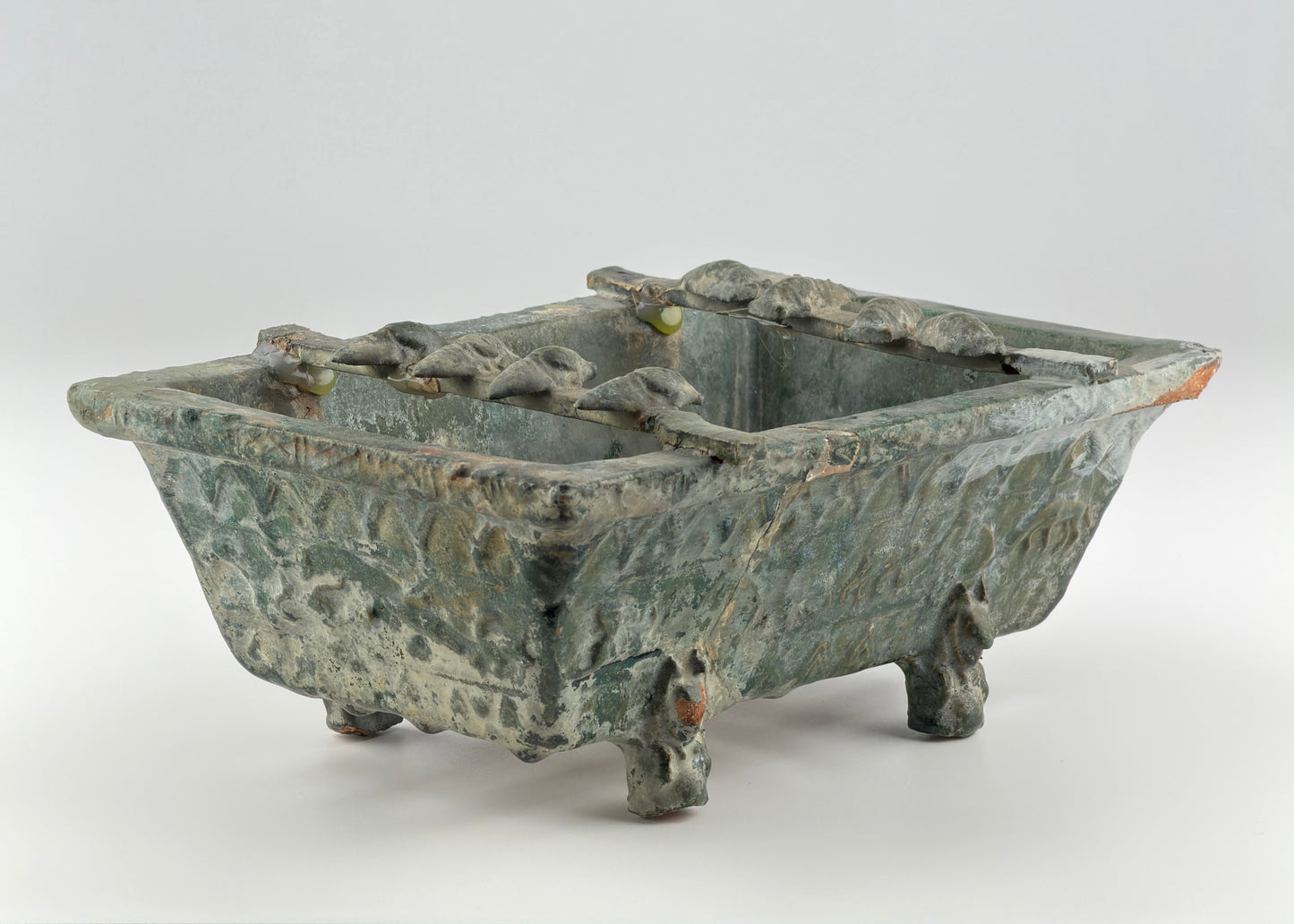 Rare Pottery Rectangular Brazier with cicadas in Green Glaze, Han Dynasty