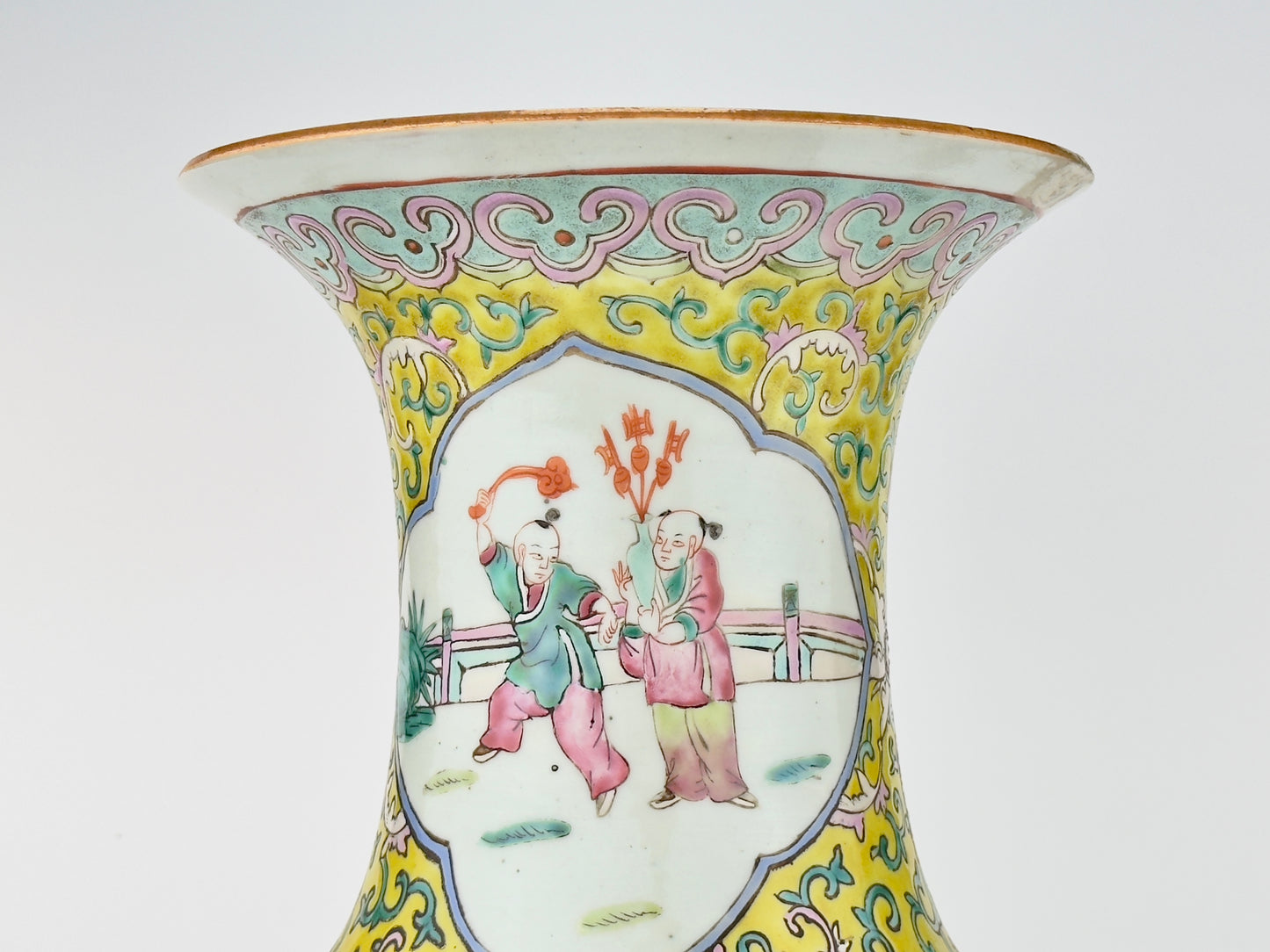 Large yellow ground famille rose vase, Late Qing Period.