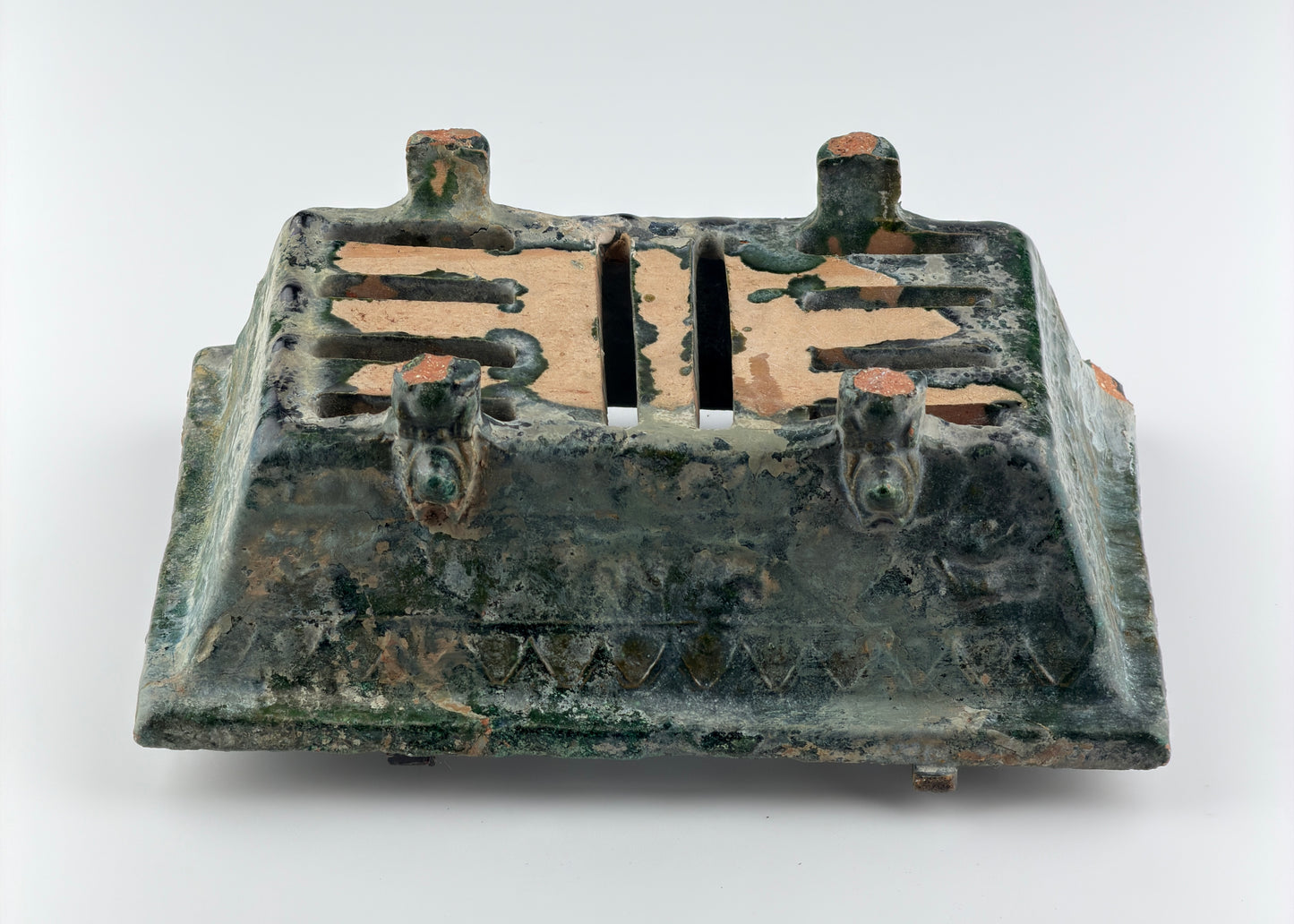 Rare Pottery Rectangular Brazier with cicadas in Green Glaze, Han Dynasty