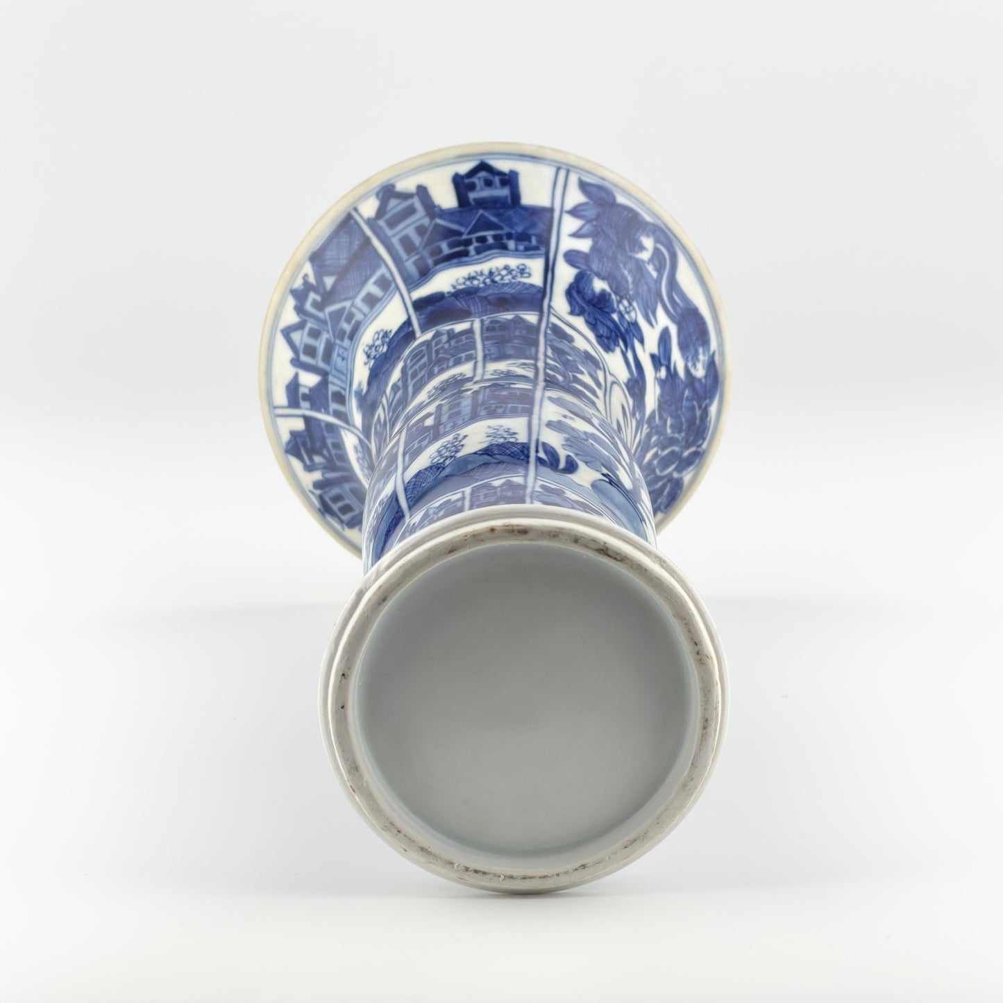 BLUE AND WHITE ANCIENT GU SHAPE 'CANAL HOUSES' VASE, QING DYNASTY, KANGXI ERA, CIRCA 1690