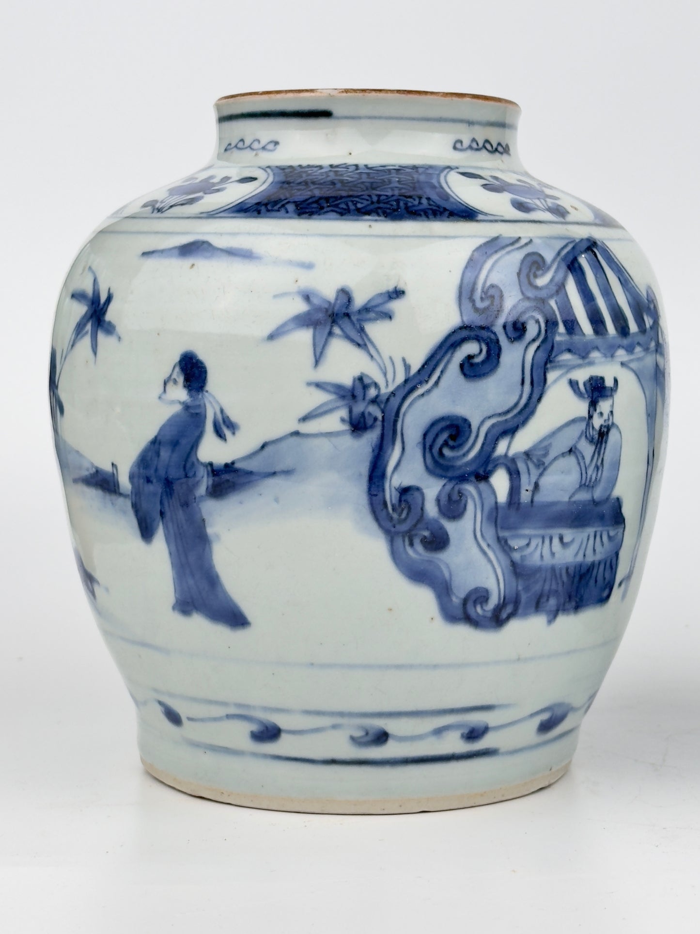 Two Chinese blue and white jars, painted with eight figures in a garden, marked on the bottom with a sitting rabbit(blue hare), Transitional period(Late Ming dynasty)