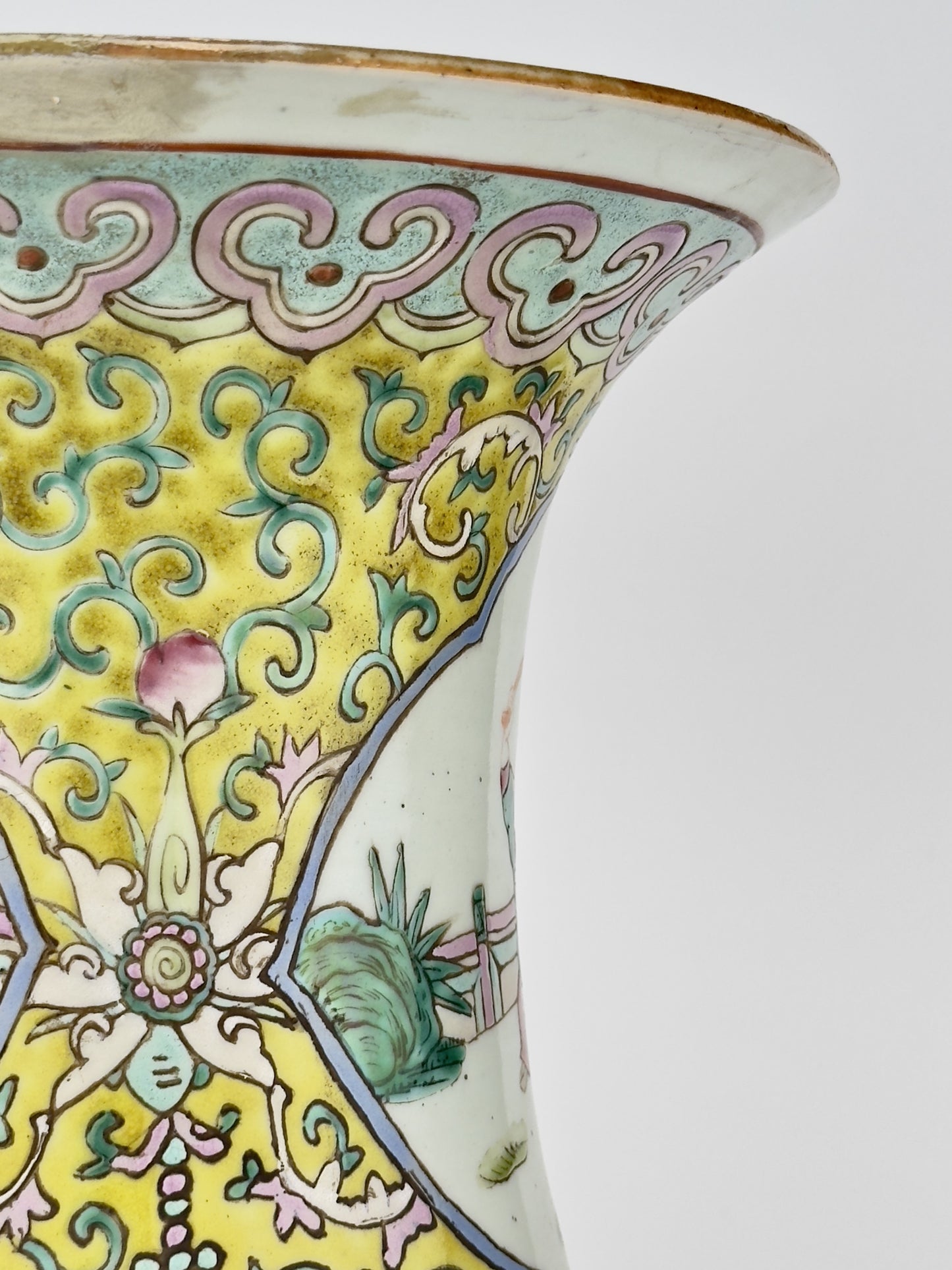 Large yellow ground famille rose vase, Late Qing Period.