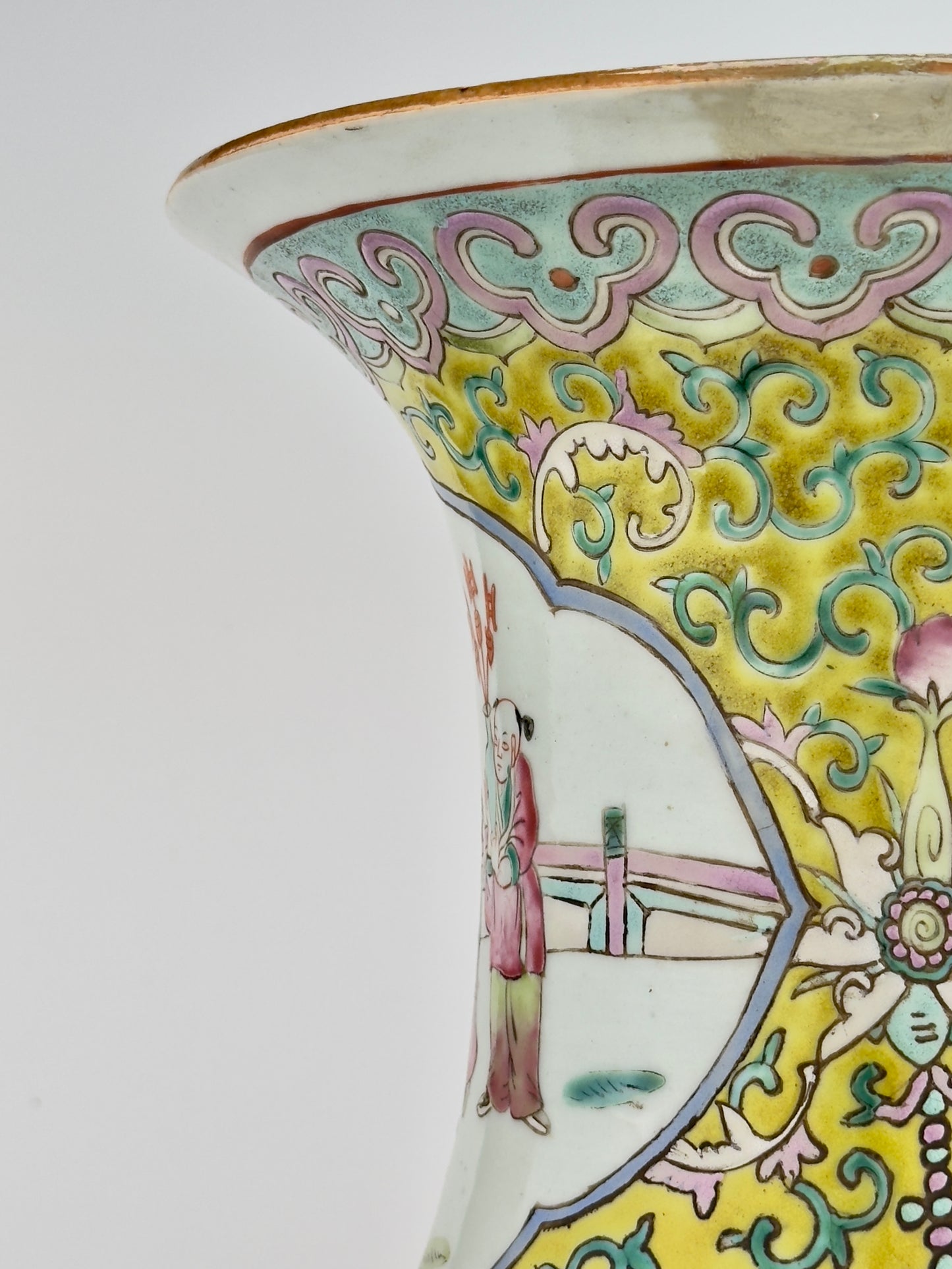 Large yellow ground famille rose vase, Late Qing Period.