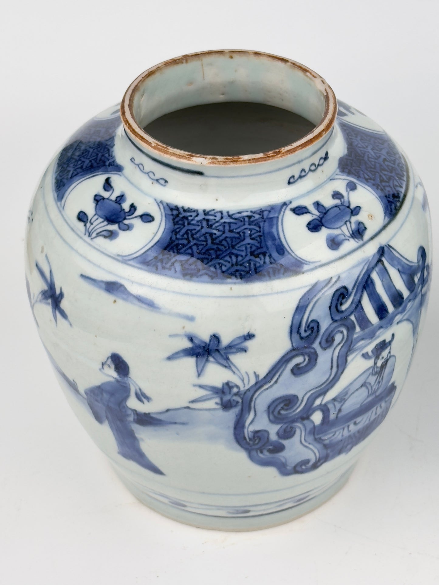 Two Chinese blue and white jars, painted with eight figures in a garden, marked on the bottom with a sitting rabbit(blue hare), Transitional period(Late Ming dynasty)