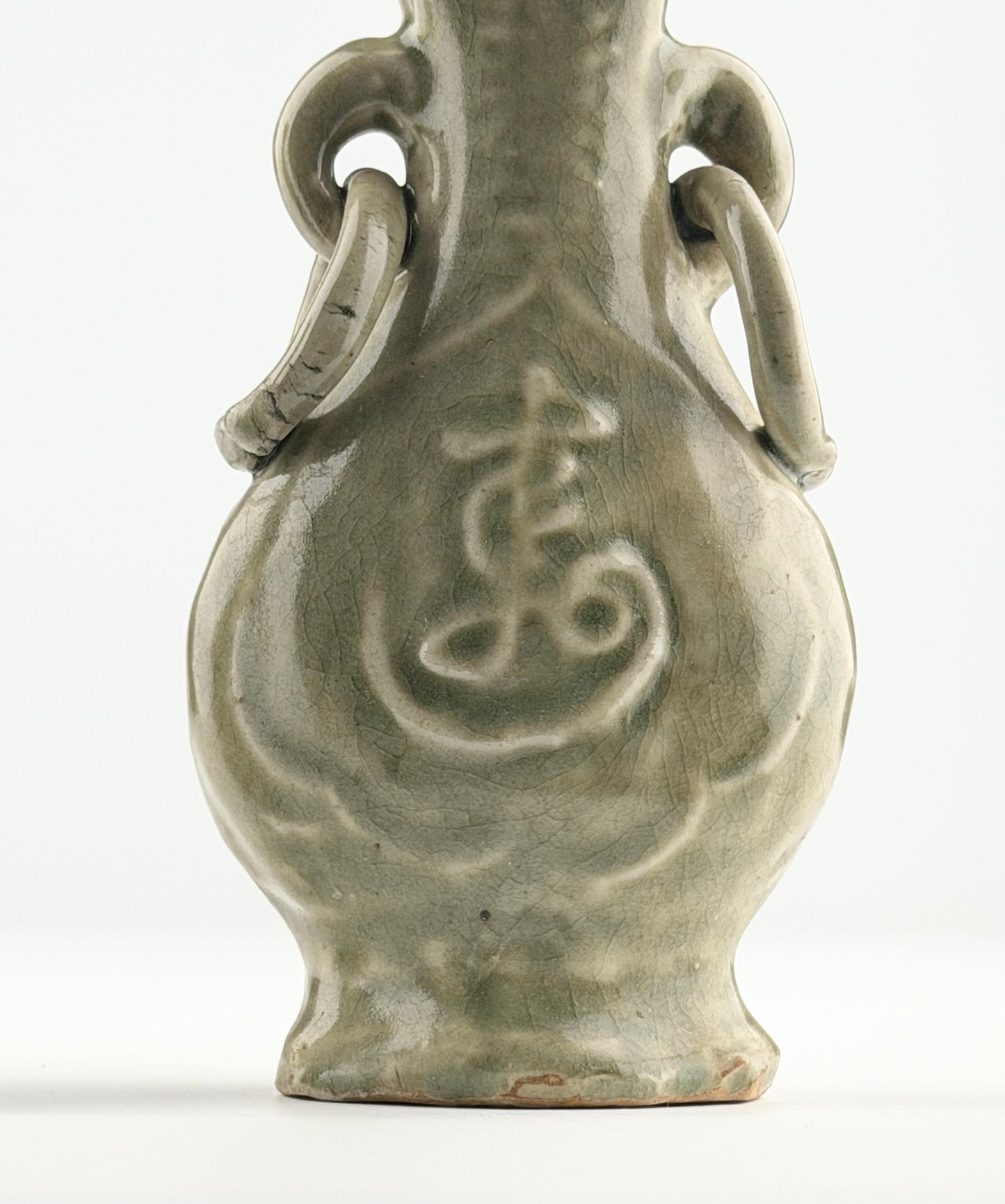TWO MOLDED LONGQUAN CELADON 'FU SHOU' VASES, MING DYNASTY