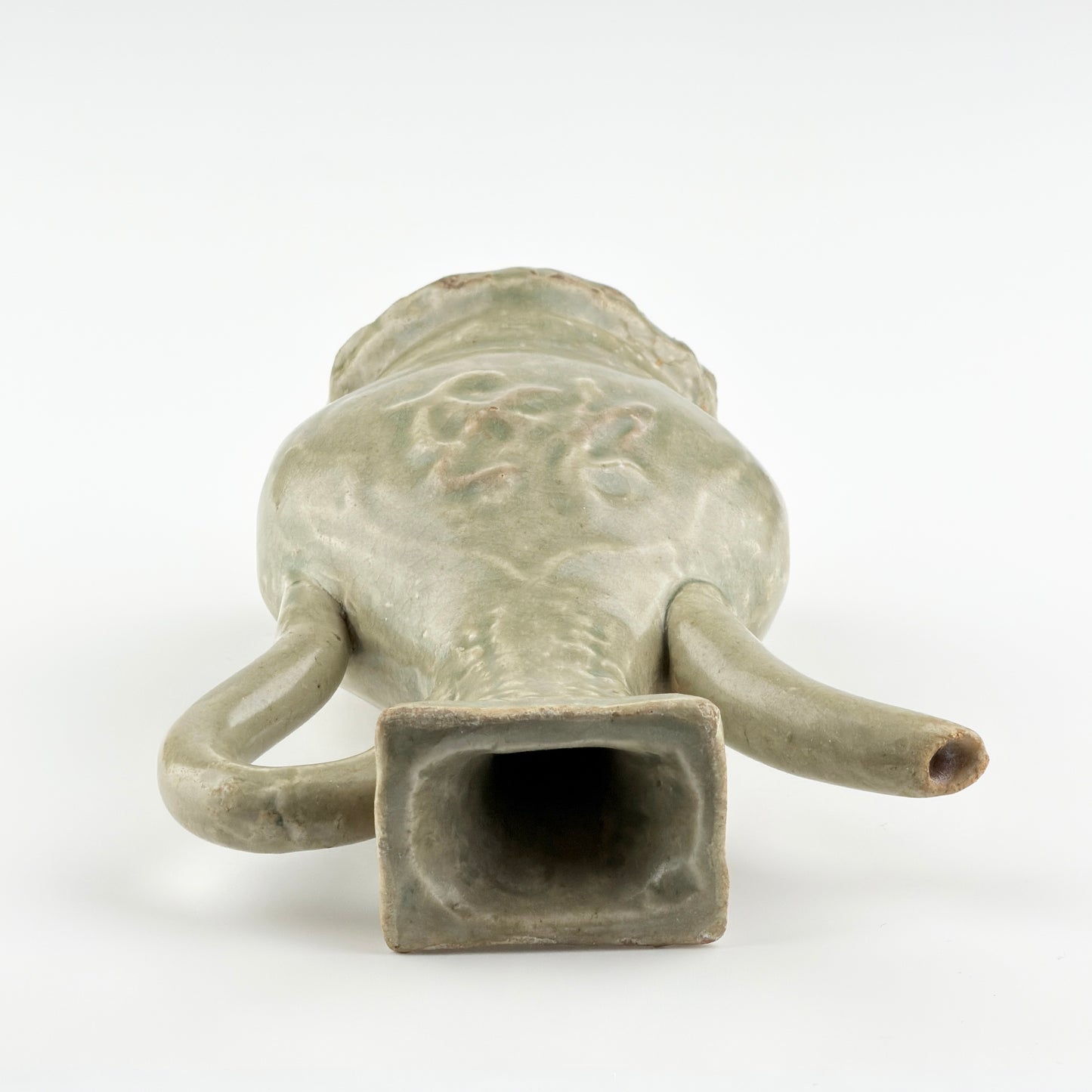 MOLDED LONGQUAN CELADON 'FU SHOU' EWER, MING DYNASTY