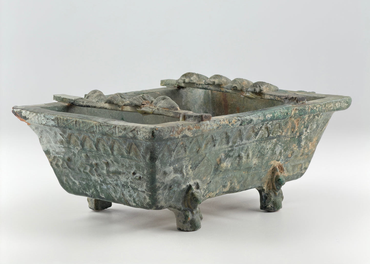 Rare Pottery Rectangular Brazier with cicadas in Green Glaze, Han Dynasty