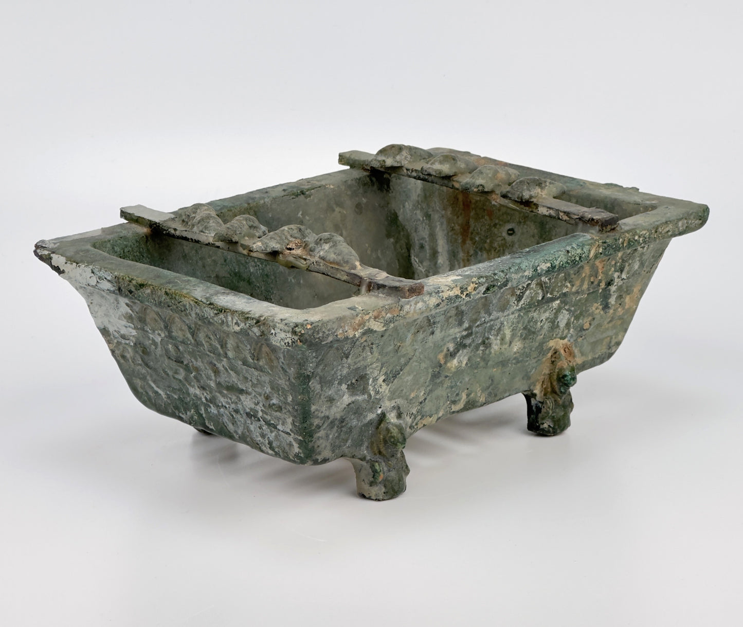 Rare Pottery Rectangular Brazier with cicadas in Green Glaze, Han Dynasty