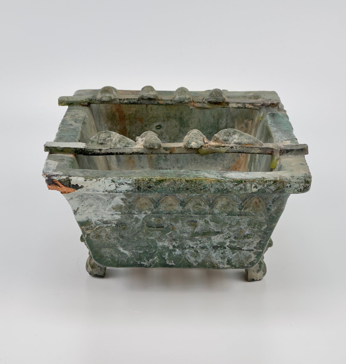 Rare Pottery Rectangular Brazier with cicadas in Green Glaze, Han Dynasty