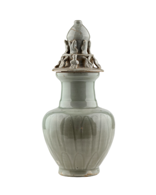 Carved 'Longquan' Celadon-glazed Funerary vase and cover, Song dynasty